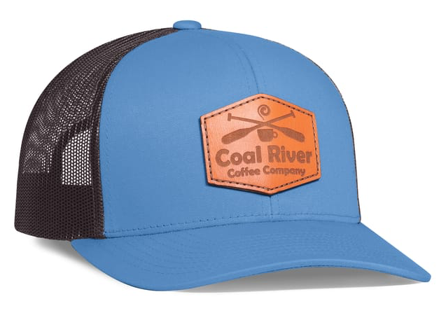 Blue Pacific Headwear trucker cap with Cool River Coffee Company leather patch