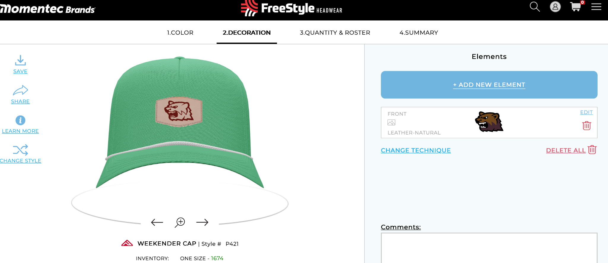 FreeStyle custom cap builder showing a green hat with a leather patch and decoration tools
