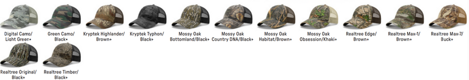 111P Garment Washed Camo Printed Trucker Mesh Adjustable Hats by Richardson Cap Fit: Adjustable Snapback - Shape: Casual Unstructured - Fabric: Cotton Twill/Nylon Mesh - Visor: Precurved - Sweatband: Cotton Colors: AP Pink/White, Dig Camo/Light Green, Highlander/Brown, Max1/Brown, Max5/Buck, Typhon/Black, Xtra/Brown, Army Camo/Black.