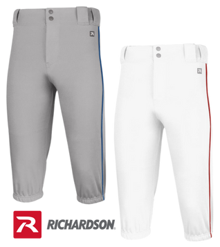 Richardson PTS Baseball Piped Knicker Pant featuring a classic below-the-knee design with bold contrast piping, a secure Flex-Grip waistband, and durable fabric for enhanced comfort, mobility, and performance on the field.