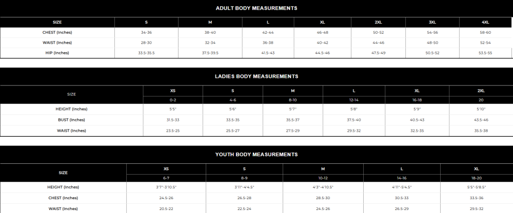 Russell Sizing Chart