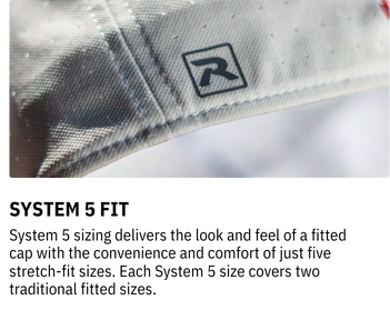 System 5 sizing delivers the look and feel of a fitted cap with the convenience and comfort of just five stretch-fit sizes. Each System 5 size covers two traditional fitted sizes.