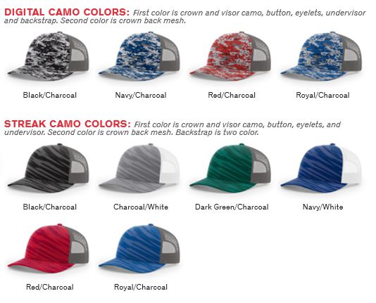 112P Digital Camo Trucker Mesh Adjustable Hat by Richardson Cap  Fit: Adjustable Plastic Snapback - Shape: Mid-Pro - Fabric: Cotton Poly/Nylon Mesh - Visor: Precurved - Sweatband: Cotton.  Colors: Black/Charcoal, Navy/Charcoal, Red/Charcoal, Royal/Charcoal, Black Streak/Charcoal, Charcoal Streak/White, Dark Green Streak/Charcoal, Navy Streak/White, Red Streak/Charcoal, Royal Streak/Charcoal.