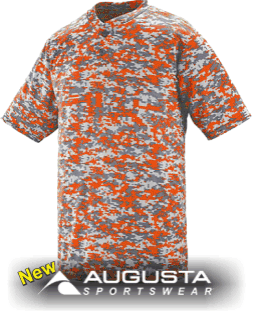 New  Youth Digi Camo 2- button Jersey is made of 100% polyester wicking printed knit * Wicks moisture away from the body * Pad print label * Self-fabric collar * Set-in sleeves * Two-button placket * Double-needle hemmed sleeves and bottom. 2-button digital camo baseball jersey. cheap digital camo baseball jersey. cheap jerseys. digi jerseys. digital camo jerseys. 2-button digi camo. digi camo 2-button jersey. augusta sportswear style number 1556.