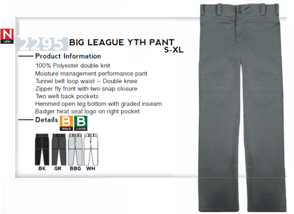 Buy Youth Big League Open Bottom Baseball Pant by Badger Sport Style Number 2295