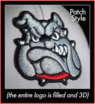 Patch Style 3D Embroidery is the entire logo is filled and 3D.