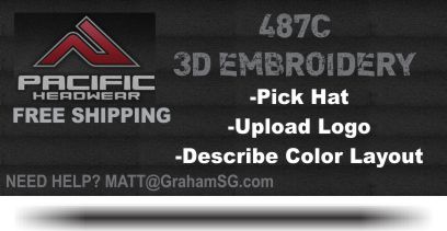 BUY Pacific Headwear 487C 3D CUSTOM LOGO Embroidery Special. what you get. 487C HAT WITH CUSTOM 3D EMBROIDERY EASY TO ORDER. PICK HAT. PICK COLOR. UPLOAD YOUR OWN CUSTOM LOGO AND PICK COLOR LAYOUT. FREE SHIPPING $17.99