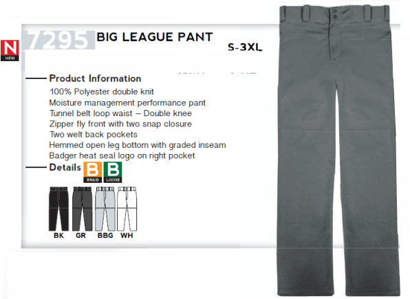 Buy Big League Open Bottom Baseball Pant by Badger Sport Style Number 7295