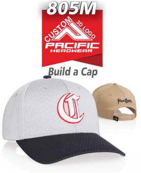 BUY 805M COOLPORT MESH ADJUSTABLE HAT BY PACIFIC HEADWEAR. GREAT HAT FOR TEAMS OR BUSINESS WITH CUSTOM 3D LOGO Embroidery Special. WHAT YOU GET FOR $12.99. 805M HAT RAISED 3D EMBROIDERY. EASY TO ORDER. PICK HAT. UPLOAD YOUR CUSTOM LOGO.