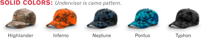 870 Unstructured Performance Camo Adjustable Hat by Richardson Cap  Fit: Adjustable Hook-and-Loop - Shape: Relaxed Unstructured - Fabric: 100% Poly Diamond Texture - Visor: Precurved - Sweatband: Stay-Dri Performance  Colors: Highlander, Inferno, Neptune, Pontus, Typhon.