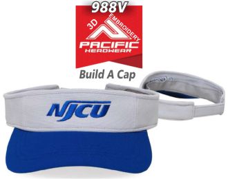 Buy 988V Custom Adjustable Performance Visor with Custom 3D Embroidery by Pacific Headwear FREE SHIPPING. Graham Sporting Goods. M2 technology is the ultimate in performance fabric from Pacific Headwear. Antimicrobial properties resist odor causing bacteria and the forming of sweat stains. Choose your visor button and Crown colors. Piping or sandwich visor options are also available. Have your team hit the field in style with a customized visor. 3-Week turnaround (approx). All custom visors are assembled in the USA to ensure quick delivery. Graphite - Black - Navy - Dark Green - Maroon - Silver - Royal - White - Cardinal - Vegas Gold - Kelly - Orange - Columbia Blue - Purple - Gold - Neon Yellow - Neon Orange - Neon Green - Pink - Army Camo - Digital Camo-Desert - Digital Camo Military Green.