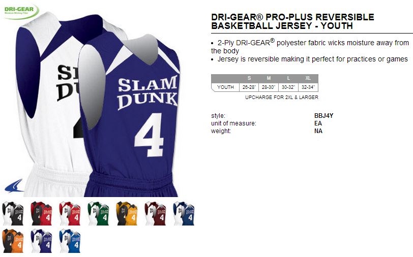 Buy Youth Slam Dunk Reversible Basketball Jersey by Champro Sports Style Number BBJ4Y 