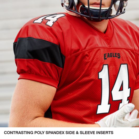 FJ14 FIRST DOWN POLYESTER DAZZLE FOOTBALL JERSEY FEATURES Dazzle polyester double ply cowl Heavy spandex/polyester side inserts, "V" neck collar, and sleeve openings Polyester tricot mesh body Bar-tacked stress points Cover stitched for optimum durability Full length sizing.