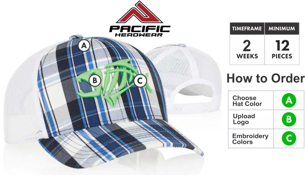 109C Plaid Trucker Hat  Embroidery Special  109C Description  Profile/Material: Pro- Model Shape. Colored plaid pattern front panels. Trucker mesh back  Crown: Stuctured Pro crown. Pro-Stitched finish. Adjustable snap-back.  Visor: Pre-curved. White undervisor  Color: Plaid Black/White - Plaid Dk Green/White - Plaid Navy/White - Plaid Red/White   109C PLAID TRUCKER MESH SNAP-BACK ADJUSTABLE HAT COLORS BY PACIFIC HEADWEAR  PRO MODEL CAPS COME IN A VARIETY OF FABRICS AND RANGING FROM TRUCKER MESH TO THE VERY POPULAR TRADITION WOOL. THEY HAVE THE LOOK FEEL AND SHAPE OF THE CAPS YOU SEE ON THE PROS. THESE CAPS ARE PERFECT FOR TEAMS SIDELINES BOOSTERS AND FANS OF ALL KINDS. PRO MODEL CAPS FEATURE SOME OF THE LARGEST SELECTIONS OF COLOR OPTIONS OF ANY PACIFIC HEADWEAR SERIES.  Size: Adult | Plastic snap adjustable | One size fits most   PACIFIC HEADWEAR SIZE CHART FOR CUSTOM HATS  3D Embroidery Defined:   Pacific takes great pride in selecting the very best embroidery style to make your caps look great. Pacific has perfected multiple embroidery techniques to achieve this and present you with our definitions here.  Note: All Orders will be TRADITIONAL unless told otherwise or logo is unable to be done in 3D. If that is the case we will get in touch with you to discuss your options.  Flat Embroidery is where the entire logo is flat.. Not all designs are created equal. Because of this, We take great pride in selecting the very best embroidery style to make your caps look great. We have perfected multiple embroidery techniques to achieve tis and present you with our definitions here.Traditional 3D Embroidery is where the bold areas of the logo are 3D.3D Outline Embroidery is only the outline is 3DPatch Style 3D Embroidery is the entire logo is filled and 3D. Combo 3D and Flat Embroidery where the logo is Traditional 3D and Patch Style Combo  Thread Colors:  Embroidery Colors for Pacific Headwear Embroidery  Adding Back or Side Embroidery: If you want to add side or back embroidery click here for cap builder. Build your cap and email your cap builder number to SALES@GrahamSG.com for price and to order.  Orders 72+ contact us for pricing or email SALES@GrahamSG.com  PACIFIC HEADWEAR CAP BUILDER. GRAHAM SPORTING GOODS BUILD A CAP.   What Happens after I Buy?   -After placing your order the first thing we do is review your logo. We make sure there will not be any problems converting your logo to a digitized format for embroidery. If there are issues we will email you within 48 hours to work with you on getting it embroidery ready.  -Once the order is processed the next step will be approval of your Hat Proof. Approvals will be emailed 5-7 days after order is placed.  -After approval Pacific Headwear will begin to digitize your logo and build your caps.  -Tracking number will be emailed when hats ship.  BUY FROM GRAHAM SPORTING GOODS. HUGE SELECTION OF SPORTING GOODS AND OFFER TEAM DISCOUNTS. GRAHAM SPORTING GOODS. YOUR TEAM LEADER.  Graham Sporting Goods. Family Owned and operated since 1976. Why Should I Buy From Graham Sporting Goods? We are new to servicing you online but we have been outfitting players, teams and businesses for over 30 years. We understand you might have some hesitation buying from a new website. Let me help put you at ease. This is what happens after you start checking out. Your credit card information is securely processed by PayPal. (you do not need a PayPal account) We choose to use PayPal as our processor so your information stays secure at all times. We never have access to your credit card information, it is processed by PayPal and then the funds are transferred to us. This is all done without leaving our website. The only personal information we receive is the Billing & Shipping Address, Phone Number and Email Address. This information is ONLY used to fulfill your order or contact you about your order. We might be online but we are not automated. Once your order is placed it is then reviewed and fulfilled by Alex. Alex who designed this website is the 3rd generation to help with the family business. We take pride and care in every order that is placed with us. We want to bring that small town sporting goods experience online to you. If you have any questions call or email any of the Harrison's. Dean, Susan, Alex or Bradley. 336-852-2335. (Mon-Fri 9:00am -6:00pm EST, Sat 9:00am-5:00pm EST) Best way to reach Alex is email. ALEX@GrahamSG.com.    About Graham Sporting Goods          We are new to servicing you online but we have been outfitting players, teams and businesses for over 30 years. We understand you might have some hesitation buying from a new website.  Let me help put you at ease.            This is what happens after you start checking out. Your credit card information is securely processed by PayPal. (you do not need a PayPal account) We choose to use PayPal as our processor so your information stays secure at all times. We never have access to your credit card information, it is processed by PayPal and then the funds are transferred to us. This is all done without leaving our website. The only personal information we receive is the Billing & Shipping Address, Phone Number and Email Address. This information is ONLY used to fulfill your order or contact you about your order.            We might be online but we are not automated. Once your order is placed it is then reviewed and fulfilled by Alex. Alex who designed this website is the 3rd generation to help with the family business. We take pride and care in every order that is placed with us. We want to bring that small town sporting goods experience online to you. If you have any questions call or email any of the Harrison's. Dean, Susan, Alex or Bradley. 336-852-2335. (Mon-Fri 9:00am -6:00pm EST, Sat 9:00am-5:00pm EST) Best way to reach Alex is email. ALEX@GrahamSG.com.
