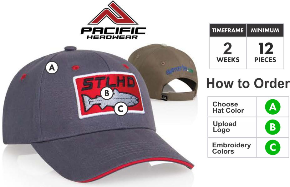 121C Brushed Twill Hat  Embroidery Special  121C Hat - Custom 3D Embroidery Front - One Price - Free Shipping  Profile/Material: Low “All Sport” profile | 100% chino twill.  Crown:Structured | Pro-Stitched finish | Adjustable Velcro back.   121C pacific headwear crown  Visor:Pre-curved | Contrast sandwich | Self material undervisor   121C pacific headwear VISOR  Sweatband: Self material (3-part comfort fit) Closure: Self material with Velcro closure .   121C pacific headwear CLOSURE  Size:Adult | Velcro adjustable | One size fits most.  PACIFIC HEADWEAR SIZE CHART FOR CUSTOM HATSAvailable Colors: Bedrock/Khaki - Black/Charcoal - Black/Khaki - Black/Orange - Black/Red - Black/White - Columbia Blue/White - Graphite/Neon Orange - Graphite/Neon Yellow - Graphite/Red - Graphite/White - Khaki/Black - Khaki/Hunter - Khaki/Navy - Khaki/Red - Kiwi/White - Maroon/White - Navy/Gold - Navy/Khaki - Navy/Red - Navy/White - Red/Black - Red/Navy - Royal/Red - Royal/White.  3D Embroidery Defined:   Pacific takes great pride in selecting the very best embroidery style to make your caps look great. Pacific has perfected multiple embroidery techniques to achieve this and present you with our definitions here.  Note: All Orders will be TRADITIONAL unless told otherwise or logo is unable to be done in 3D. If that is the case we will get in touch with you to discuss your options.  Flat Embroidery is where the entire logo is flat.. Not all designs are created equal. Because of this, We take great pride in selecting the very best embroidery style to make your caps look great. We have perfected multiple embroidery techniques to achieve tis and present you with our definitions here.Traditional 3D Embroidery is where the bold areas of the logo are 3D.3D Outline Embroidery is only the outline is 3DPatch Style 3D Embroidery is the entire logo is filled and 3D. Combo 3D and Flat Embroidery where the logo is Traditional 3D and Patch Style Combo  Thread Colors:  Embroidery Colors for Pacific Headwear Embroidery  Adding Back or Side Embroidery: If you want to add side or back embroidery click here for cap builder. Build your cap and email your cap builder number to SALES@GrahamSG.com for price and to order.  Orders 72+ contact us for pricing or email SALES@GrahamSG.com  PACIFIC HEADWEAR CAP BUILDER. GRAHAM SPORTING GOODS BUILD A CAP.   What Happens after I Buy?   -After placing your order the first thing we do is review your logo. We make sure there will not be any problems converting your logo to a digitized format for embroidery. If there are issues we will email you within 48 hours to work with you on getting it embroidery ready.  -Once the order is processed the next step will be approval of your Hat Proof. Approvals will be emailed 5-7 days after order is placed.  -After approval Pacific Headwear will begin to digitize your logo and build your caps.  -Tracking number will be emailed when hats ship.  BUY FROM GRAHAM SPORTING GOODS. HUGE SELECTION OF SPORTING GOODS AND OFFER TEAM DISCOUNTS. GRAHAM SPORTING GOODS. YOUR TEAM LEADER.  Graham Sporting Goods. Family Owned and operated since 1976. Why Should I Buy From Graham Sporting Goods? We are new to servicing you online but we have been outfitting players, teams and businesses for over 30 years. We understand you might have some hesitation buying from a new website. Let me help put you at ease. This is what happens after you start checking out. Your credit card information is securely processed by PayPal. (you do not need a PayPal account) We choose to use PayPal as our processor so your information stays secure at all times. We never have access to your credit card information, it is processed by PayPal and then the funds are transferred to us. This is all done without leaving our website. The only personal information we receive is the Billing & Shipping Address, Phone Number and Email Address. This information is ONLY used to fulfill your order or contact you about your order. We might be online but we are not automated. Once your order is placed it is then reviewed and fulfilled by Alex. Alex who designed this website is the 3rd generation to help with the family business. We take pride and care in every order that is placed with us. We want to bring that small town sporting goods experience online to you. If you have any questions call or email any of the Harrison's. Dean, Susan, Alex or Bradley. 336-852-2335. (Mon-Fri 9:00am -6:00pm EST, Sat 9:00am-5:00pm EST) Best way to reach Alex is email. ALEX@GrahamSG.com.    About Graham Sporting Goods          We are new to servicing you online but we have been outfitting players, teams and businesses for over 30 years. We understand you might have some hesitation buying from a new website.  Let me help put you at ease.            This is what happens after you start checking out. Your credit card information is securely processed by PayPal. (you do not need a PayPal account) We choose to use PayPal as our processor so your information stays secure at all times. We never have access to your credit card information, it is processed by PayPal and then the funds are transferred to us. This is all done without leaving our website. The only personal information we receive is the Billing & Shipping Address, Phone Number and Email Address. This information is ONLY used to fulfill your order or contact you about your order.            We might be online but we are not automated. Once your order is placed it is then reviewed and fulfilled by Alex. Alex who designed this website is the 3rd generation to help with the family business. We take pride and care in every order that is placed with us. We want to bring that small town sporting goods experience online to you. If you have any questions call or email any of the Harrison's. Dean, Susan, Alex or Bradley. 336-852-2335. (Mon-Fri 9:00am -6:00pm EST, Sat 9:00am-5:00pm EST) Best way to reach Alex is email. ALEX@GrahamSG.com.