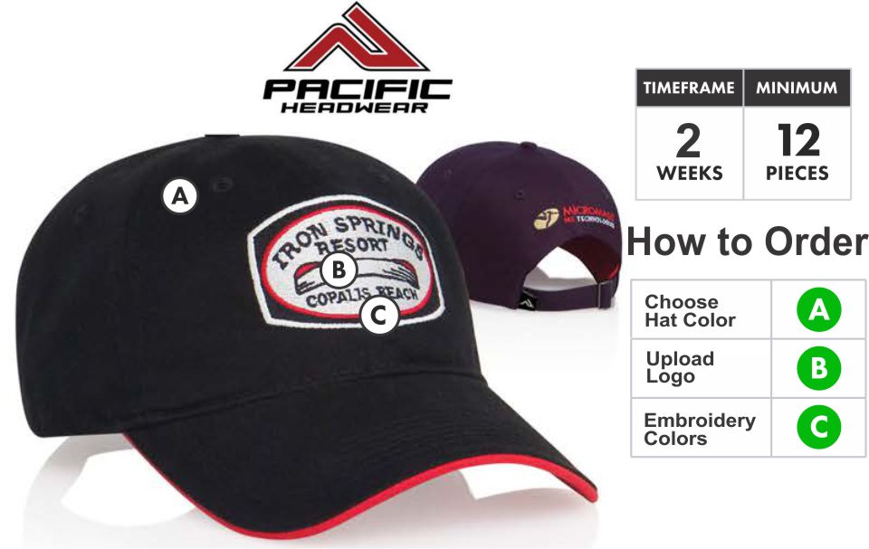 282C Binded Sandwich  Embroidery Special  282C Hat - Custom 3D Embroidery Front - One Price - Free Shipping  Profile/Material: Stylish low profile. 100% soft brushed cotton.  Crown: Unstructured. Pro-Stitched finish. Adjustable self-material tuck-away strap w/ buckle.  Buy 282C HAT by Pacific Headwear  Visor:Pre-curved. Contrast sandwich/undervisor wrap combo.  Buy 282C HAT by Pacific Headwear  Sweatband:Contrasting self material (3-part comfort fit). Closure: Self material backstrap with antique buckle and tuckaway strap.  Buy 282C by Pacific Headwear  Size:Adult | Buckle strap adjustable | One size fits most.  PACIFIC HEADWEAR SIZE CHART FOR CUSTOM HATS  Available Colors:   Black/Red - Navy/Red - Stone/Black - Stone/Navy - Stone/Dark Green - Stone/Red.  3D Embroidery Defined:   Pacific takes great pride in selecting the very best embroidery style to make your caps look great. Pacific has perfected multiple embroidery techniques to achieve this and present you with our definitions here.  Note: All Orders will be TRADITIONAL unless told otherwise or logo is unable to be done in 3D. If that is the case we will get in touch with you to discuss your options.  Flat Embroidery is where the entire logo is flat.. Not all designs are created equal. Because of this, We take great pride in selecting the very best embroidery style to make your caps look great. We have perfected multiple embroidery techniques to achieve tis and present you with our definitions here.Traditional 3D Embroidery is where the bold areas of the logo are 3D.3D Outline Embroidery is only the outline is 3DPatch Style 3D Embroidery is the entire logo is filled and 3D. Combo 3D and Flat Embroidery where the logo is Traditional 3D and Patch Style Combo  Thread Colors:  Embroidery Colors for Pacific Headwear Embroidery  Adding Back or Side Embroidery: If you want to add side or back embroidery click here for cap builder. Build your cap and email your cap builder number to SALES@GrahamSG.com for price and to order.  Orders 72+ contact us for pricing or email SALES@GrahamSG.com  PACIFIC HEADWEAR CAP BUILDER. GRAHAM SPORTING GOODS BUILD A CAP.   What Happens after I Buy?   -After placing your order the first thing we do is review your logo. We make sure there will not be any problems converting your logo to a digitized format for embroidery. If there are issues we will email you within 48 hours to work with you on getting it embroidery ready.  -Once the order is processed the next step will be approval of your Hat Proof. Approvals will be emailed 5-7 days after order is placed.  -After approval Pacific Headwear will begin to digitize your logo and build your caps.  -Tracking number will be emailed when hats ship.  BUY FROM GRAHAM SPORTING GOODS. HUGE SELECTION OF SPORTING GOODS AND OFFER TEAM DISCOUNTS. GRAHAM SPORTING GOODS. YOUR TEAM LEADER.  Graham Sporting Goods. Family Owned and operated since 1976. Why Should I Buy From Graham Sporting Goods? We are new to servicing you online but we have been outfitting players, teams and businesses for over 30 years. We understand you might have some hesitation buying from a new website. Let me help put you at ease. This is what happens after you start checking out. Your credit card information is securely processed by PayPal. (you do not need a PayPal account) We choose to use PayPal as our processor so your information stays secure at all times. We never have access to your credit card information, it is processed by PayPal and then the funds are transferred to us. This is all done without leaving our website. The only personal information we receive is the Billing & Shipping Address, Phone Number and Email Address. This information is ONLY used to fulfill your order or contact you about your order. We might be online but we are not automated. Once your order is placed it is then reviewed and fulfilled by Alex. Alex who designed this website is the 3rd generation to help with the family business. We take pride and care in every order that is placed with us. We want to bring that small town sporting goods experience online to you. If you have any questions call or email any of the Harrison's. Dean, Susan, Alex or Bradley. 336-852-2335. (Mon-Fri 9:00am -6:00pm EST, Sat 9:00am-5:00pm EST) Best way to reach Alex is email. ALEX@GrahamSG.com.    About Graham Sporting Goods          We are new to servicing you online but we have been outfitting players, teams and businesses for over 30 years. We understand you might have some hesitation buying from a new website.  Let me help put you at ease.            This is what happens after you start checking out. Your credit card information is securely processed by PayPal. (you do not need a PayPal account) We choose to use PayPal as our processor so your information stays secure at all times. We never have access to your credit card information, it is processed by PayPal and then the funds are transferred to us. This is all done without leaving our website. The only personal information we receive is the Billing & Shipping Address, Phone Number and Email Address. This information is ONLY used to fulfill your order or contact you about your order.            We might be online but we are not automated. Once your order is placed it is then reviewed and fulfilled by Alex. Alex who designed this website is the 3rd generation to help with the family business. We take pride and care in every order that is placed with us. We want to bring that small town sporting goods experience online to you. If you have any questions call or email any of the Harrison's. Dean, Susan, Alex or Bradley. 336-852-2335. (Mon-Fri 9:00am -6:00pm EST, Sat 9:00am-5:00pm EST) Best way to reach Alex is email. ALEX@GrahamSG.com.