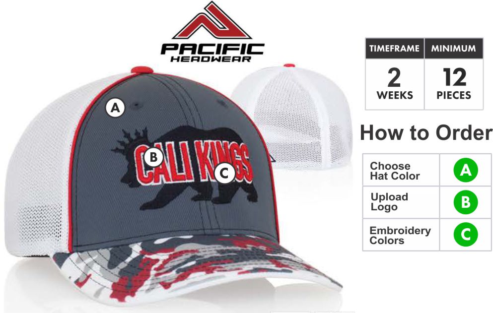402F Glamo Trucker Mesh  Embroidery Special  402F Description  Profile/Material: Pro-Model Shape. Glamo front Panels. Spandex trucker mesh back.  Crown: Structured Pro crown. Pro-Stitched finish. Universal Fit  Visor: U-Shape Visor technology. Contrast transitional undervisor.  Color: Black - Navy - Royal - Red - Orange - Neon Green - Neon Yellow - Pink - Graphite/Black - Graphite/Navy - Graphite/Royal - Graphite/Red - Graphite/Orange - Graphite/Neon Green - Graphite/Neon Yellow - Graphite/Pink  402F GLAMO CAMO TRUCKER MESH ADJUSTABLE Hat COLORS BY PACIFIC HEADWEAR  Universal Fit Sizing: Universal fit is created with a woven spandex sweatband that stretches to fit a range of sizes. Universal caps mold to the shape of your head providing the most comfortable cap available.   Buy 4D2 Glamo Trucker Mesh hat Unifweal fit by Pacific Headwear Closure  PRO MODEL CAPS COME IN A VARIETY OF FABRICS AND RANGING FROM TRUCKER MESH TO THE VERY POPULAR TRADITION WOOL. THEY HAVE THE LOOK FEEL AND SHAPE OF THE CAPS YOU SEE ON THE PROS. THESE CAPS ARE PERFECT FOR TEAMS SIDELINES BOOSTERS AND FANS OF ALL KINDS. PRO MODEL CAPS FEATURE SOME OF THE LARGEST SELECTIONS OF COLOR OPTIONS OF ANY PACIFIC HEADWEAR SERIES.  Size: XS (6 3/8-6 7/8) - Sm-Med (6-7/8 - 73/8) - Lg-XL (7-3/8 - 8)  PACIFIC HEADWEAR SIZE CHART FOR CUSTOM HATS  402F Features  U-Shape Visor: Whether flat or curved our 'U-Shape' visor allows you to shape it how you want it.U-Shape Visor: Whether flat or curved our 'U-Shape' visor allows you to shape it how you want it.  3D Embroidery Defined:   Pacific takes great pride in selecting the very best embroidery style to make your caps look great. Pacific has perfected multiple embroidery techniques to achieve this and present you with our definitions here.  Note: All Orders will be TRADITIONAL unless told otherwise or logo is unable to be done in 3D. If that is the case we will get in touch with you to discuss your options.  Flat Embroidery is where the entire logo is flat.. Not all designs are created equal. Because of this, We take great pride in selecting the very best embroidery style to make your caps look great. We have perfected multiple embroidery techniques to achieve tis and present you with our definitions here.Traditional 3D Embroidery is where the bold areas of the logo are 3D.3D Outline Embroidery is only the outline is 3DPatch Style 3D Embroidery is the entire logo is filled and 3D. Combo 3D and Flat Embroidery where the logo is Traditional 3D and Patch Style Combo  Thread Colors:  Embroidery Colors for Pacific Headwear Embroidery  Adding Back or Side Embroidery: If you want to add side or back embroidery click here for cap builder. Build your cap and email your cap builder number to Alex@GrahamSG.com for price and to order.  Orders 72+ contact us for pricing or email SALES@GrahamSG.com  PACIFIC HEADWEAR CAP BUILDER. GRAHAM SPORTING GOODS BUILD A CAP.   What Happens after I Buy?   -After placing your order the first thing we do is review your logo. We make sure there will not be any problems converting your logo to a digitized format for embroidery. If there are issues we will email you within 48 hours to work with you on getting it embroidery ready.  -Once the order is processed the next step will be approval of your Hat Proof. Approvals will be emailed 5-7 days after order is placed.  -After approval Pacific Headwear will begin to digitize your logo and build your caps.  -Tracking number will be emailed when hats ship.  BUY FROM GRAHAM SPORTING GOODS. HUGE SELECTION OF SPORTING GOODS AND OFFER TEAM DISCOUNTS. GRAHAM SPORTING GOODS. YOUR TEAM LEADER.  Graham Sporting Goods. Family Owned and operated since 1976. Why Should I Buy From Graham Sporting Goods? We are new to servicing you online but we have been outfitting players, teams and businesses for over 30 years. We understand you might have some hesitation buying from a new website. Let me help put you at ease. This is what happens after you start checking out. Your credit card information is securely processed by PayPal. (you do not need a PayPal account) We choose to use PayPal as our processor so your information stays secure at all times. We never have access to your credit card information, it is processed by PayPal and then the funds are transferred to us. This is all done without leaving our website. The only personal information we receive is the Billing & Shipping Address, Phone Number and Email Address. This information is ONLY used to fulfill your order or contact you about your order. We might be online but we are not automated. Once your order is placed it is then reviewed and fulfilled by Alex. Alex who designed this website is the 3rd generation to help with the family business. We take pride and care in every order that is placed with us. We want to bring that small town sporting goods experience online to you. If you have any questions call or email any of the Harrison's. Dean, Susan, Alex or Bradley. 336-852-2335. (Mon-Fri 9:00am -6:00pm EST, Sat 9:00am-5:00pm EST) Best way to reach Alex is email. ALEX@GrahamSG.com.    About Graham Sporting Goods          We are new to servicing you online but we have been outfitting players, teams and businesses for over 30 years. We understand you might have some hesitation buying from a new website.  Let me help put you at ease.            This is what happens after you start checking out. Your credit card information is securely processed by PayPal. (you do not need a PayPal account) We choose to use PayPal as our processor so your information stays secure at all times. We never have access to your credit card information, it is processed by PayPal and then the funds are transferred to us. This is all done without leaving our website. The only personal information we receive is the Billing & Shipping Address, Phone Number and Email Address. This information is ONLY used to fulfill your order or contact you about your order.            We might be online but we are not automated. Once your order is placed it is then reviewed and fulfilled by Alex. Alex who designed this website is the 3rd generation to help with the family business. We take pride and care in every order that is placed with us. We want to bring that small town sporting goods experience online to you. If you have any questions call or email any of the Harrison's. Dean, Susan, Alex or Bradley. 336-852-2335. (Mon-Fri 9:00am -6:00pm EST, Sat 9:00am-5:00pm EST) Best way to reach Alex is email. ALEX@GrahamSG.com.