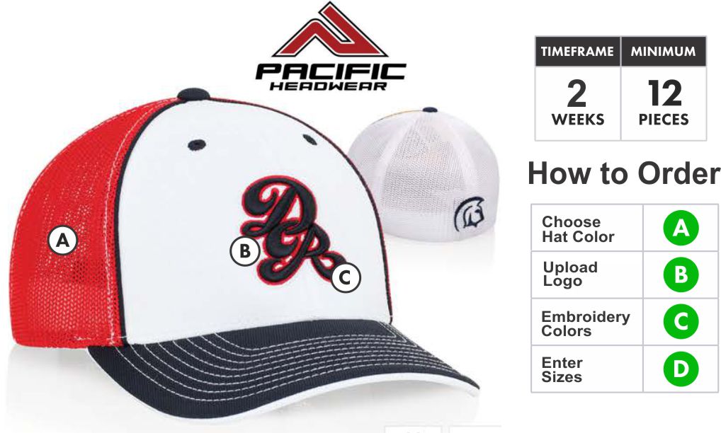 About the 404M & Embroidery Colors  Profile/Material: Low profile structured cap with cotton poly twill front and Universal mesh back.   PACIFIC HEADWEAR 404m. GRAHAM SPORTING GOODS BUILD A CAP.  Crown: 2-tone poly twill panels with contrasting stitching white spandex trucker mesh back 4 panels.  404m PACIFIC HEADWEAR CROWN OF HAT BUY ONLY AT GRAHAM SPORTING GOODS Visor: Contrasting stitched visor with contrasting stitched undervisor PE visor board.   Buy 404M by Pacific Headwear  Sweatband: 1-3/8” woven elastic comfort fit sweatband   Buy 404M by Pacific Headwear  Universal Fit Sizing: Universal fit is created with a woven spandex sweatband that stretches to fit a range of sizes. Universal caps mold to the shape of your head providing the most comfortable cap available.  Size:: XS (6-3/8 - 6-7/8) Sm-Med (6-7/8 - 73/8) Lg-XL (7-3/8 - 8)  PACIFIC HEADWEAR SIZE CHART FOR CUSTOM HATS  404M Hat Colors: Black/Black - BlackGraphite - Black/Graphite - BlackPink  - Black/Red - BlacBlack/Royal -BlackWhite - CardinalWhite - ColBlueNavyWhite ColBlue/Navy - ColBlue/White - DkGreenWhite - GoldBlack - Gold/Navy - GraphiteNeonOrange - GraphiteNeonYellow - GraphitePink - GraphiteWhite - WhiteNeonGreen - GraphiteWhiteNeonOrange - GraphiteWhiteNeonYellow -  Kelly/White - Maroon/Black - Maroon/Graphite - Maroon/White - Navy/Graphite -Navy - Navy/Red - Navy/White - Orange/Black - Pink/White - Purple/White - Red/Black - Red/Graphite - Red/Navy - Red/White - Royal/Graphite - Royal/White -Vegas/Black - Vegas/Navy - White/Black - White/Black/Red - White/Navy - White/Navy/Red - White/Orange/Black - White/Red - White/Red/Black - White/Red/Navy - White/Red/Royal - White/Royal - White/White  3D Embroidery Defined:   Pacific takes great pride in selecting the very best embroidery style to make your caps look great. Pacific has perfected multiple embroidery techniques to achieve this and present you with our definitions here.  Note: All Orders will be TRADITIONAL unless told otherwise or logo is unable to be done in 3D. If that is the case we will get in touch with you to discuss your options.  Flat Embroidery is where the entire logo is flat.. Not all designs are created equal. Because of this, We take great pride in selecting the very best embroidery style to make your caps look great. We have perfected multiple embroidery techniques to achieve tis and present you with our definitions here.Traditional 3D Embroidery is where the bold areas of the logo are 3D.3D Outline Embroidery is only the outline is 3DPatch Style 3D Embroidery is the entire logo is filled and 3D. Combo 3D and Flat Embroidery where the logo is Traditional 3D and Patch Style Combo  Thread Colors:  Embroidery Colors for Pacific Headwear Embroidery              Adding Back or Side Embroidery: If you want to add side or back embroidery click here for cap builder. Build your cap and email your cap builder number to Alex@GrahamSG.com for price and to order.  Orders 72+ contact us for pricing or email SALES@GrahamSG.com  PACIFIC HEADWEAR CAP BUILDER. GRAHAM SPORTING GOODS BUILD A CAP.  What Happens after I Buy?   -After placing your order the first thing we do is review your logo. We make sure there will not be any problems converting your logo to a digitized format for embroidery. If there are issues we will email you within 48 hours to work with you on getting it embroidery ready.  -Once the order is processed the next step will be approval of your Hat Proof. Approvals will be emailed 5-7 days after order is placed.  -After approval Pacific Headwear will begin to digitize your logo.