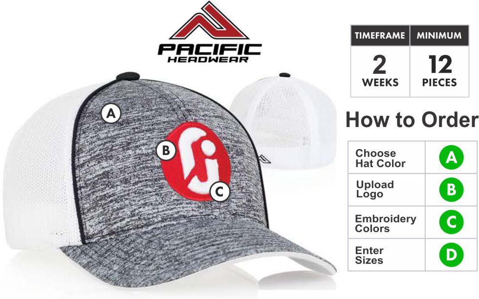 406F Heather Trucker  Embroidery Special   406F Description  Profile/Material: Pro-Model shape. "Aggressive" heather front panels spandex trucker mesh back.  Crown: Structured Pro crown. Pro stitched finish.  Visor: U-Shape visor technology. Contrast transitional undervisor.  Color: Black Heather/White - Navy Heather/White - Dk Green Heather/White - Royal Heather/White - Red Heather/White - Maroon Heather/White - Graphite Heather/White  406f agreesive heather trucker mesh Performance Hat COLORS BY PACIFIC HEADWEAR   Buy 4D2 Glamo Trucker Mesh hat Unifweal fit by Pacific Headwear Closure  Universal Fit Sizing: Universal fit is created with a woven spandex sweatband that stretches to fit a range of sizes. Universal caps mold to the shape of your head providing the most comfortable cap available.  XS (6 3/8-6 7/8) - Sm-Med (6-7/8 - 73/8) - Lg-XL (7-3/8 - 8)  PACIFIC HEADWEAR SIZE CHART FOR CUSTOM HATS  406F Features  U-Shape Visor: Whether flat or curved our 'U-Shape' visor allows you to shape it how you want it.U-Shape Visor: Whether flat or curved our 'U-Shape' visor allows you to shape it how you want it.  3D Embroidery Defined:   Pacific takes great pride in selecting the very best embroidery style to make your caps look great. Pacific has perfected multiple embroidery techniques to achieve this and present you with our definitions here.  Note: All Orders will be TRADITIONAL unless told otherwise or logo is unable to be done in 3D. If that is the case we will get in touch with you to discuss your options.  Flat Embroidery is where the entire logo is flat.. Not all designs are created equal. Because of this, We take great pride in selecting the very best embroidery style to make your caps look great. We have perfected multiple embroidery techniques to achieve tis and present you with our definitions here.Traditional 3D Embroidery is where the bold areas of the logo are 3D.3D Outline Embroidery is only the outline is 3DPatch Style 3D Embroidery is the entire logo is filled and 3D. Combo 3D and Flat Embroidery where the logo is Traditional 3D and Patch Style Combo  Thread Colors:  Embroidery Colors for Pacific Headwear Embroidery  Adding Back or Side Embroidery: If you want to add side or back embroidery click here for cap builder. Build your cap and email your cap builder number to Alex@GrahamSG.com for price and to order.  Orders 72+ contact us for pricing or email SALES@GrahamSG.com  PACIFIC HEADWEAR CAP BUILDER. GRAHAM SPORTING GOODS BUILD A CAP.   What Happens after I Buy?   -After placing your order the first thing we do is review your logo. We make sure there will not be any problems converting your logo to a digitized format for embroidery. If there are issues we will email you within 48 hours to work with you on getting it embroidery ready.  -Once the order is processed the next step will be approval of your Hat Proof. Approvals will be emailed 5-7 days after order is placed.  -After approval Pacific Headwear will begin to digitize your logo and build your caps.  -Tracking number will be emailed when hats ship.  BUY FROM GRAHAM SPORTING GOODS. HUGE SELECTION OF SPORTING GOODS AND OFFER TEAM DISCOUNTS. GRAHAM SPORTING GOODS. YOUR TEAM LEADER.  Graham Sporting Goods. Family Owned and operated since 1976. Why Should I Buy From Graham Sporting Goods? We are new to servicing you online but we have been outfitting players, teams and businesses for over 30 years. We understand you might have some hesitation buying from a new website. Let me help put you at ease. This is what happens after you start checking out. Your credit card information is securely processed by PayPal. (you do not need a PayPal account) We choose to use PayPal as our processor so your information stays secure at all times. We never have access to your credit card information, it is processed by PayPal and then the funds are transferred to us. This is all done without leaving our website. The only personal information we receive is the Billing & Shipping Address, Phone Number and Email Address. This information is ONLY used to fulfill your order or contact you about your order. We might be online but we are not automated. Once your order is placed it is then reviewed and fulfilled by Alex. Alex who designed this website is the 3rd generation to help with the family business. We take pride and care in every order that is placed with us. We want to bring that small town sporting goods experience online to you. If you have any questions call or email any of the Harrison's. Dean, Susan, Alex or Bradley. 336-852-2335. (Mon-Fri 9:00am -6:00pm EST, Sat 9:00am-5:00pm EST) Best way to reach Alex is email. ALEX@GrahamSG.com.    About Graham Sporting Goods          We are new to servicing you online but we have been outfitting players, teams and businesses for over 30 years. We understand you might have some hesitation buying from a new website.  Let me help put you at ease.            This is what happens after you start checking out. Your credit card information is securely processed by PayPal. (you do not need a PayPal account) We choose to use PayPal as our processor so your information stays secure at all times. We never have access to your credit card information, it is processed by PayPal and then the funds are transferred to us. This is all done without leaving our website. The only personal information we receive is the Billing & Shipping Address, Phone Number and Email Address. This information is ONLY used to fulfill your order or contact you about your order.            We might be online but we are not automated. Once your order is placed it is then reviewed and fulfilled by Alex. Alex who designed this website is the 3rd generation to help with the family business. We take pride and care in every order that is placed with us. We want to bring that small town sporting goods experience online to you. If you have any questions call or email any of the Harrison's. Dean, Susan, Alex or Bradley. 336-852-2335. (Mon-Fri 9:00am -6:00pm EST, Sat 9:00am-5:00pm EST) Best way to reach Alex is email. ALEX@GrahamSG.com.