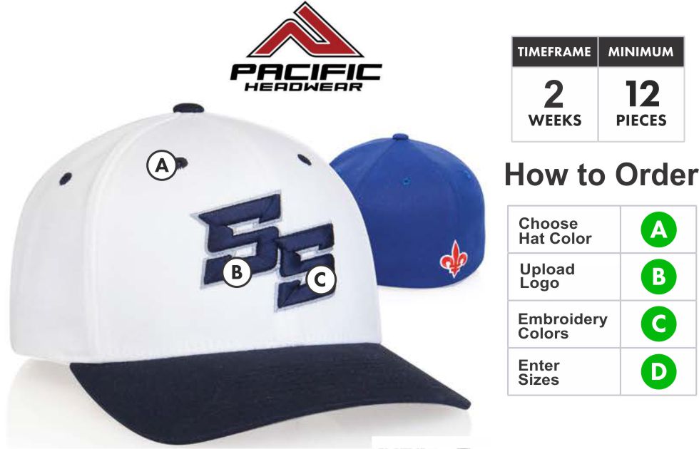 430C Twill Hat  Embroidery Special  430C Hat - Custom 3D Embroidery Front - One Price - Free Shipping  Profile/Material: Pro-Model shape. High quality cotton/poly spandex blend.  Crown:Structured Pro crown. Pro-Stitched finish. Universal fit.  Buy 430C by Pacific Headwear  Visor:U-Shape Visor technology. Gray undervisor.  Buy 430C by Pacific Headwear  U-Shape Visor:Whether flat or curved, our 'U-Shape' visor allows you to shape it how you want it.  Sweatband:1 3/8" woven elastic comfort fit sweatband.  Buy 430C by Pacific Headwear  Universal Fit:Universal fit is created with a woven spandex sweatband that stretches to fit a range of sizes. Universal caps mold to the shape of your head providing the most comfortable cap available.  Size:XS (6 3/8-6 7/8) | SM-MED (6 7/8-7 3/8) | L-XL (7 3/8-8).  PACIFIC HEADWEAR SIZE CHART FOR CUSTOM HATS  Available Colors: Black - Navy - Dark Green - Royal - Red - Silver - Orange - Gold - Columbia Blue - Cardinal - Maroon - Purple - Kelly - White - Brown - White/Black - White/Navy - White/Red - White/Royal.  Babe Ruth:Pacific Headwear is your licensed source for Babe Ruth and Cal Ripken league caps. We have added to our application abilities Heat Press Patches. Babe Ruth currently recommends that all teams wear this patch on the left side of their caps. We can take care of that for you. You can have them applied to most of our stock or custom styles.  CalRipken:Pacific Headwear is your licensed source for Babe ruth and Cal Ripken league caps. We have added to our application abilities Heat Press Patches. Babe Ruth currently recommends that all teams wear this patch on the left side of their caps. We can take care of that for you. You can have them applied to most of our stock or custom styles.  3D Embroidery Defined:   Pacific takes great pride in selecting the very best embroidery style to make your caps look great. Pacific has perfected multiple embroidery techniques to achieve this and present you with our definitions here.  Note: All Orders will be TRADITIONAL unless told otherwise or logo is unable to be done in 3D. If that is the case we will get in touch with you to discuss your options.  Flat Embroidery is where the entire logo is flat.. Not all designs are created equal. Because of this, We take great pride in selecting the very best embroidery style to make your caps look great. We have perfected multiple embroidery techniques to achieve tis and present you with our definitions here.Traditional 3D Embroidery is where the bold areas of the logo are 3D.3D Outline Embroidery is only the outline is 3DPatch Style 3D Embroidery is the entire logo is filled and 3D. Combo 3D and Flat Embroidery where the logo is Traditional 3D and Patch Style Combo  Thread Colors:  Embroidery Colors for Pacific Headwear Embroidery  Adding Back or Side Embroidery: If you want to add side or back embroidery click here for cap builder. Build your cap and email your cap builder number to SALES@GrahamSG.com for price and to order.  Orders 72+ contact us for pricing or email SALES@GrahamSG.com  PACIFIC HEADWEAR CAP BUILDER. GRAHAM SPORTING GOODS BUILD A CAP.   What Happens after I Buy?   -After placing your order the first thing we do is review your logo. We make sure there will not be any problems converting your logo to a digitized format for embroidery. If there are issues we will email you within 48 hours to work with you on getting it embroidery ready.  -Once the order is processed the next step will be approval of your Hat Proof. Approvals will be emailed 5-7 days after order is placed.  -After approval Pacific Headwear will begin to digitize your logo and build your caps.  -Tracking number will be emailed when hats ship.  BUY FROM GRAHAM SPORTING GOODS. HUGE SELECTION OF SPORTING GOODS AND OFFER TEAM DISCOUNTS. GRAHAM SPORTING GOODS. YOUR TEAM LEADER.  Graham Sporting Goods. Family Owned and operated since 1976. Why Should I Buy From Graham Sporting Goods? We are new to servicing you online but we have been outfitting players, teams and businesses for over 30 years. We understand you might have some hesitation buying from a new website. Let me help put you at ease. This is what happens after you start checking out. Your credit card information is securely processed by PayPal. (you do not need a PayPal account) We choose to use PayPal as our processor so your information stays secure at all times. We never have access to your credit card information, it is processed by PayPal and then the funds are transferred to us. This is all done without leaving our website. The only personal information we receive is the Billing & Shipping Address, Phone Number and Email Address. This information is ONLY used to fulfill your order or contact you about your order. We might be online but we are not automated. Once your order is placed it is then reviewed and fulfilled by Alex. Alex who designed this website is the 3rd generation to help with the family business. We take pride and care in every order that is placed with us. We want to bring that small town sporting goods experience online to you. If you have any questions call or email any of the Harrison's. Dean, Susan, Alex or Bradley. 336-852-2335. (Mon-Fri 9:00am -6:00pm EST, Sat 9:00am-5:00pm EST) Best way to reach Alex is email. ALEX@GrahamSG.com.    About Graham Sporting Goods          We are new to servicing you online but we have been outfitting players, teams and businesses for over 30 years. We understand you might have some hesitation buying from a new website.  Let me help put you at ease.            This is what happens after you start checking out. Your credit card information is securely processed by PayPal. (you do not need a PayPal account) We choose to use PayPal as our processor so your information stays secure at all times. We never have access to your credit card information, it is processed by PayPal and then the funds are transferred to us. This is all done without leaving our website. The only personal information we receive is the Billing & Shipping Address, Phone Number and Email Address. This information is ONLY used to fulfill your order or contact you about your order.            We might be online but we are not automated. Once your order is placed it is then reviewed and fulfilled by Alex. Alex who designed this website is the 3rd generation to help with the family business. We take pride and care in every order that is placed with us. We want to bring that small town sporting goods experience online to you. If you have any questions call or email any of the Harrison's. Dean, Susan, Alex or Bradley. 336-852-2335. (Mon-Fri 9:00am -6:00pm EST, Sat 9:00am-5:00pm EST) Best way to reach Alex is email. ALEX@GrahamSG.com.