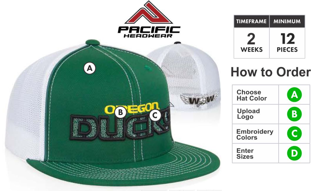 4D5 Embroidery Special   About the 4D5 & Embroidery Colors  Profile/Material: Major League profile with poly-twill front and universal mesh back.   PACIFIC HEADWEAR 4D5. GRAHAM SPORTING GOODS BUILD A CAP.  Crown: 2-tone polyester panels with contrasting stitching and white spandex trucker mesh back 4 panels.  4D5 PACIFIC HEADWEAR CROWN OF HAT BUY ONLY AT GRAHAM SPORTING GOODS Visor: Contrasting stitched visor with contrasting stitched undervisor PE visor   Buy 4D5 by Pacific Headwear Visor  Sweatband: 1-3/8” woven elastic comfort fit sweatband.  Universal Fit Sizing: Universal fit is created with a woven spandex sweatband that stretches to fit a range of sizes. Universal caps mold to the shape of your head providing the most comfortable cap available.   Buy 4D5 by Pacific Headwear CLOSURE  Size:: Sm-Med (6-7/8 - 73/8) Lg-XL (7-3/8 - 8)  PACIFIC HEADWEAR SIZE CHART FOR CUSTOM HATS  Available Colors: Black/Black - Black/Pink - Black/Red - Black/Royal - Black/White - Dark Green/White - Graphite/Pink - Graphite/White - Graphite/White/Neon Green - Graphite/White/Neon Orange - Graphite/White/Neon Yellow - Navy/Navy - Navy/Red - Navy/White - Orange/Black - Pink/White - Red/Black - Red/White - Royal/White - White/White  3D Embroidery Defined:   Pacific takes great pride in selecting the very best embroidery style to make your caps look great. Pacific has perfected multiple embroidery techniques to achieve this and present you with our definitions here.  Note: All Orders will be TRADITIONAL unless told otherwise or logo is unable to be done in 3D. If that is the case we will get in touch with you to discuss your options.  Flat Embroidery is where the entire logo is flat.. Not all designs are created equal. Because of this, We take great pride in selecting the very best embroidery style to make your caps look great. We have perfected multiple embroidery techniques to achieve tis and present you with our definitions here.Traditional 3D Embroidery is where the bold areas of the logo are 3D.3D Outline Embroidery is only the outline is 3DPatch Style 3D Embroidery is the entire logo is filled and 3D. Combo 3D and Flat Embroidery where the logo is Traditional 3D and Patch Style Combo  Thread Colors:  Embroidery Colors for Pacific Headwear Embroidery  Adding Back or Side Embroidery If you want to add side or back embroidery click here for cap builder. Build your cap and email your cap builder number to Alex@GrahamSG.com for price and to order.  Orders 72+ contact us for pricing or email SALES@GrahamSG.com  PACIFIC HEADWEAR CAP BUILDER. GRAHAM SPORTING GOODS BUILD A CAP.  What Happens after I Buy?   -After placing your order the first thing we do is review your logo. We make sure there will not be any problems converting your logo to a digitized format for embroidery. If there are issues we will email you within 48 hours to work with you on getting it embroidery ready.  -Once the order is processed the next step will be approval of your Hat Proof. Approvals will be emailed 5-7 days after order is placed.  -After approval Pacific Headwear will begin to digitize your logo and build your caps.  -Tracking number will be emailed when hats ship.   BUY FROM GRAHAM SPORTING GOODS. HUGE SELECTION OF SPORTING GOODS AND OFFER TEAM DISCOUNTS. GRAHAM SPORTING GOODS. YOUR TEAM LEADER.  Graham Sporting Goods. Family Owned and operated since 1976. Why Should I Buy From Graham Sporting Goods? We are new to servicing you online but we have been outfitting players, teams and businesses for over 30 years. We understand you might have some hesitation buying from a new website. Let me help put you at ease. This is what happens after you start checking out. Your credit card information is securely processed by PayPal. (you do not need a PayPal account) We choose to use PayPal as our processor so your information stays secure at all times. We never have access to your credit card information, it is processed by PayPal and then the funds are transferred to us. This is all done without leaving our website. The only personal information we receive is the Billing & Shipping Address, Phone Number and Email Address. This information is ONLY used to fulfill your order or contact you about your order. We might be online but we are not automated. Once your order is placed it is then reviewed and fulfilled by Alex. Alex who designed this website is the 3rd generation to help with the family business. We take pride and care in every order that is placed with us. We want to bring that small town sporting goods experience online to you. If you have any questions call or email any of the Harrison's. Dean, Susan, Alex or Bradley. 336-852-2335. (Mon-Fri 9:00am -6:00pm EST, Sat 9:00am-5:00pm EST) Best way to reach Alex is email. ALEX@GrahamSG.com.    About Graham Sporting Goods          We are new to servicing you online but we have been outfitting players, teams and businesses for over 30 years. We understand you might have some hesitation buying from a new website.  Let me help put you at ease.            This is what happens after you start checking out. Your credit card information is securely processed by PayPal. (you do not need a PayPal account) We choose to use PayPal as our processor so your information stays secure at all times. We never have access to your credit card information, it is processed by PayPal and then the funds are transferred to us. This is all done without leaving our website. The only personal information we receive is the Billing & Shipping Address, Phone Number and Email Address. This information is ONLY used to fulfill your order or contact you about your order.            We might be online but we are not automated. Once your order is placed it is then reviewed and fulfilled by Alex. Alex who designed this website is the 3rd generation to help with the family business. We take pride and care in every order that is placed with us. We want to bring that small town sporting goods experience online to you. If you have any questions call or email any of the Harrison's. Dean, Susan, Alex or Bradley. 336-852-2335. (Mon-Fri 9:00am -6:00pm EST, Sat 9:00am-5:00pm EST) Best way to reach Alex is email. ALEX@GrahamSG.com.