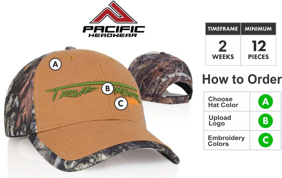 675C Cotton Duck/Camo  Embroidery Special  675C Hat - Custom 3D Embroidery Front - One Price - Free Shipping  Buy TRUE TIMBER CAMO HAT by Pacific HeadwearTrueTimber™: Pacific Headwear and True Timber™ Camo have partnered to bring you an elite series of camouflage caps. True Timber™ has created some of the best patterns on the market. Great for the serious hunter or corporate promotion. These patterns are quickly becoming the most popular available today.  Profile/Material: Low "All Sport" profile True Timber™ Conceal™ with brushed cotton back panels and visor.  Crown: Pro stitched with light buckram busted flat seams.  Buy 675C HAT by Pacific Headwear  Visor:Curved PE visor self material undervisor.  Buy 675C HAT by Pacific Headwear  Sweatband:Cotton (3-part comfort fit). Closure: Self material with Velcro closure.  Buy 675C by Pacific Headwear  Size:Adult. One size fits most.  PACIFIC HEADWEAR SIZE CHART FOR CUSTOM HATS  Available Colors:   Conceal/Black - Conceal/Sage  Conceal/Buck  3D Embroidery Defined:   Pacific takes great pride in selecting the very best embroidery style to make your caps look great. Pacific has perfected multiple embroidery techniques to achieve this and present you with our definitions here.  Note: All Orders will be TRADITIONAL unless told otherwise or logo is unable to be done in 3D. If that is the case we will get in touch with you to discuss your options.  Flat Embroidery is where the entire logo is flat.. Not all designs are created equal. Because of this, We take great pride in selecting the very best embroidery style to make your caps look great. We have perfected multiple embroidery techniques to achieve tis and present you with our definitions here.Traditional 3D Embroidery is where the bold areas of the logo are 3D.3D Outline Embroidery is only the outline is 3DPatch Style 3D Embroidery is the entire logo is filled and 3D. Combo 3D and Flat Embroidery where the logo is Traditional 3D and Patch Style Combo  Thread Colors:  Embroidery Colors for Pacific Headwear Embroidery  Adding Back or Side Embroidery: If you want to add side or back embroidery click here for cap builder. Build your cap and email your cap builder number to SALES@GrahamSG.com for price and to order.  Orders 72+ contact us for pricing or email SALES@GrahamSG.com  PACIFIC HEADWEAR CAP BUILDER. GRAHAM SPORTING GOODS BUILD A CAP.   What Happens after I Buy?   -After placing your order the first thing we do is review your logo. We make sure there will not be any problems converting your logo to a digitized format for embroidery. If there are issues we will email you within 48 hours to work with you on getting it embroidery ready.  -Once the order is processed the next step will be approval of your Hat Proof. Approvals will be emailed 5-7 days after order is placed.  -After approval Pacific Headwear will begin to digitize your logo and build your caps.  -Tracking number will be emailed when hats ship.  BUY FROM GRAHAM SPORTING GOODS. HUGE SELECTION OF SPORTING GOODS AND OFFER TEAM DISCOUNTS. GRAHAM SPORTING GOODS. YOUR TEAM LEADER.  Graham Sporting Goods. Family Owned and operated since 1976. Why Should I Buy From Graham Sporting Goods? We are new to servicing you online but we have been outfitting players, teams and businesses for over 30 years. We understand you might have some hesitation buying from a new website. Let me help put you at ease. This is what happens after you start checking out. Your credit card information is securely processed by PayPal. (you do not need a PayPal account) We choose to use PayPal as our processor so your information stays secure at all times. We never have access to your credit card information, it is processed by PayPal and then the funds are transferred to us. This is all done without leaving our website. The only personal information we receive is the Billing & Shipping Address, Phone Number and Email Address. This information is ONLY used to fulfill your order or contact you about your order. We might be online but we are not automated. Once your order is placed it is then reviewed and fulfilled by Alex. Alex who designed this website is the 3rd generation to help with the family business. We take pride and care in every order that is placed with us. We want to bring that small town sporting goods experience online to you. If you have any questions call or email any of the Harrison's. Dean, Susan, Alex or Bradley. 336-852-2335. (Mon-Fri 9:00am -6:00pm EST, Sat 9:00am-5:00pm EST) Best way to reach Alex is email. ALEX@GrahamSG.com.    About Graham Sporting Goods          We are new to servicing you online but we have been outfitting players, teams and businesses for over 30 years. We understand you might have some hesitation buying from a new website.  Let me help put you at ease.            This is what happens after you start checking out. Your credit card information is securely processed by PayPal. (you do not need a PayPal account) We choose to use PayPal as our processor so your information stays secure at all times. We never have access to your credit card information, it is processed by PayPal and then the funds are transferred to us. This is all done without leaving our website. The only personal information we receive is the Billing & Shipping Address, Phone Number and Email Address. This information is ONLY used to fulfill your order or contact you about your order.            We might be online but we are not automated. Once your order is placed it is then reviewed and fulfilled by Alex. Alex who designed this website is the 3rd generation to help with the family business. We take pride and care in every order that is placed with us. We want to bring that small town sporting goods experience online to you. If you have any questions call or email any of the Harrison's. Dean, Susan, Alex or Bradley. 336-852-2335. (Mon-Fri 9:00am -6:00pm EST, Sat 9:00am-5:00pm EST) Best way to reach Alex is email. ALEX@GrahamSG.com.