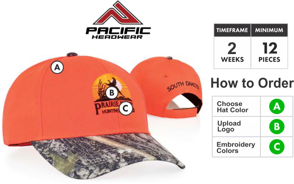  and True Timber™ Camo have partnered to bring you an elite series of camouflage caps. True Timber™ has created some of the best patterns on the market. Great for the serious hunter or corporate promotion. These patterns are quickly becoming the most popular available today.

Profile/Material: Low “All Sport” profile, with True Timber™ patterns.

Crown:Pro stitched with light buckram, busted flat seams.

Visor:Curved PE visor with True Timber™ Camo self material undervisor.

Sweatband:Self material (3-part comfort fit).

Closure:Self material Velcro backstrap.

Size:Adult. One size fits most.

PACIFIC HEADWEAR SIZE CHART FOR CUSTOM HATS

Available Colors: Blaze Orange/Conceal

3D Embroidery Defined:   Pacific takes great pride in selecting the very best embroidery style to make your caps look great. Pacific has perfected multiple embroidery techniques to achieve this and present you with our definitions here.  Note: All Orders will be TRADITIONAL unless told otherwise or logo is unable to be done in 3D. If that is the case we will get in touch with you to discuss your options.

Flat Embroidery is where the entire logo is flat.. Not all designs are created equal. Because of this, We take great pride in selecting the very best embroidery style to make your caps look great. We have perfected multiple embroidery techniques to achieve tis and present you with our definitions here.Traditional 3D Embroidery is where the bold areas of the logo are 3D.3D Outline Embroidery is only the outline is 3DPatch Style 3D Embroidery is the entire logo is filled and 3D. Combo 3D and Flat Embroidery where the logo is Traditional 3D and Patch Style Combo

Thread Colors:

Embroidery Colors for Pacific Headwear Embroidery

Adding Back or Side Embroidery: If you want to add side or back embroidery click here for cap builder. Build your cap and email your cap builder number to SALES@GrahamSG.com for price and to order.

Orders 72+ contact us for pricing or email SALES@GrahamSG.com

PACIFIC HEADWEAR CAP BUILDER. GRAHAM SPORTING GOODS BUILD A CAP.

 What Happens after I Buy?

 -After placing your order the first thing we do is review your logo. We make sure there will not be any problems converting your logo to a digitized format for embroidery. If there are issues we will email you within 48 hours to work with you on getting it embroidery ready.

-Once the order is processed the next step will be approval of your Hat Proof. Approvals will be emailed 5-7 days after order is placed.

-After approval Pacific Headwear will begin to digitize your logo and build your caps.

-Tracking number will be emailed when hats ship.

BUY FROM GRAHAM SPORTING GOODS. HUGE SELECTION OF SPORTING GOODS AND OFFER TEAM DISCOUNTS. GRAHAM SPORTING GOODS. YOUR TEAM LEADER.

Graham Sporting Goods. Family Owned and operated since 1976. Why Should I Buy From Graham Sporting Goods? We are new to servicing you online but we have been outfitting players, teams and businesses for over 30 years. We understand you might have some hesitation buying from a new website. Let me help put you at ease. This is what happens after you start checking out. Your credit card information is securely processed by PayPal. (you do not need a PayPal account) We choose to use PayPal as our processor so your information stays secure at all times. We never have access to your credit card information, it is processed by PayPal and then the funds are transferred to us. This is all done without leaving our website. The only personal information we receive is the Billing & Shipping Address, Phone Number and Email Address. This information is ONLY used to fulfill your order or contact you about your order. We might be online but we are not automated. Once your order is placed it is then reviewed and fulfilled by Alex. Alex who designed this website is the 3rd generation to help with the family business. We take pride and care in every order that is placed with us. We want to bring that small town sporting goods experience online to you. If you have any questions call or email any of the Harrison's. Dean, Susan, Alex or Bradley. 336-852-2335. (Mon-Fri 9:00am -6:00pm EST, Sat 9:00am-5:00pm EST) Best way to reach Alex is email. ALEX@GrahamSG.com.



About Graham Sporting Goods

        We are new to servicing you online but we have been outfitting players, teams and businesses for over 30 years. We understand you might have some hesitation buying from a new website.

Let me help put you at ease.

          This is what happens after you start checking out. Your credit card information is securely processed by PayPal. (you do not need a PayPal account) We choose to use PayPal as our processor so your information stays secure at all times. We never have access to your credit card information, it is processed by PayPal and then the funds are transferred to us. This is all done without leaving our website. The only personal information we receive is the Billing & Shipping Address, Phone Number and Email Address. This information is ONLY used to fulfill your order or contact you about your order.

          We might be online but we are not automated. Once your order is placed it is then reviewed and fulfilled by Alex. Alex who designed this website is the 3rd generation to help with the family business. We take pride and care in every order that is placed with us. We want to bring that small town sporting goods experience online to you. If you have any questions call or email any of the Harrison's. Dean, Susan, Alex or Bradley. 336-852-2335. (Mon-Fri 9:00am -6:00pm EST, Sat 9:00am-5:00pm EST) Best way to reach Alex is email. ALEX@GrahamSG.com.