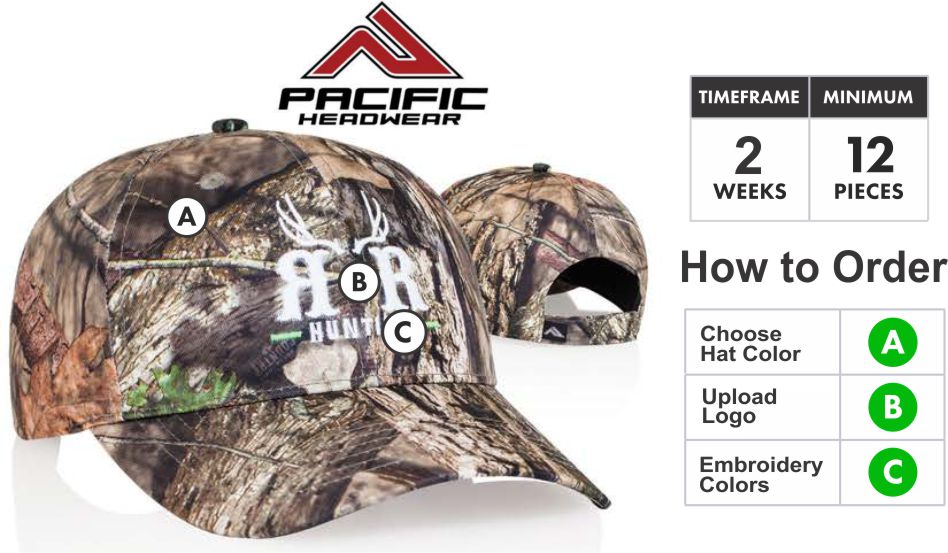 690C Structured Camo  Embroidery Deal  690C Hat - Custom 3D Embroidery Front - One Price - Free Shipping  Buy TRUE TIMBER CAMO HAT by Pacific HeadwearTrueTimber™: Pacific Headwear and True Timber™ Camo have partnered to bring you an elite series of camouflage caps. True Timber™ has created some of the best patterns on the market. Great for the serious hunter or corporate promotion. These patterns are quickly becoming the most popular available today.  Break-Up Country™: The Break-Up Country™ pattern by Mossy Oak® features larger enhanced natural elements made to fuse you with the terrain you are in at any distance, anywhere across the country.  Profile/Material: Low “All Sport” profile, with True Timber™ patterns.  Crown: Pro stitched with light buckram, busted flat seams   Visor: Curved PE visor, self material undervisor   Sweatband:Self material (3-part comfort fit).   Closure:Self material velcro backstrap  Size:Adult. One size fits most.  PACIFIC HEADWEAR SIZE CHART FOR CUSTOM HATS  Available Colors: Break-Up Country - Conceal Brown - Flooded Timber - Conceal - XD3 - MC2 - MC2 Blaze Orange  3D Embroidery Defined:   Pacific takes great pride in selecting the very best embroidery style to make your caps look great. Pacific has perfected multiple embroidery techniques to achieve this and present you with our definitions here.  Note: All Orders will be TRADITIONAL unless told otherwise or logo is unable to be done in 3D. If that is the case we will get in touch with you to discuss your options.  Flat Embroidery is where the entire logo is flat.. Not all designs are created equal. Because of this, We take great pride in selecting the very best embroidery style to make your caps look great. We have perfected multiple embroidery techniques to achieve tis and present you with our definitions here.Traditional 3D Embroidery is where the bold areas of the logo are 3D.3D Outline Embroidery is only the outline is 3DPatch Style 3D Embroidery is the entire logo is filled and 3D. Combo 3D and Flat Embroidery where the logo is Traditional 3D and Patch Style Combo  Thread Colors:  Embroidery Colors for Pacific Headwear Embroidery  Adding Back or Side Embroidery: If you want to add side or back embroidery click here for cap builder. Build your cap and email your cap builder number to SALES@GrahamSG.com for price and to order.  Orders 72+ contact us for pricing or email SALES@GrahamSG.com  PACIFIC HEADWEAR CAP BUILDER. GRAHAM SPORTING GOODS BUILD A CAP.   What Happens after I Buy?   -After placing your order the first thing we do is review your logo. We make sure there will not be any problems converting your logo to a digitized format for embroidery. If there are issues we will email you within 48 hours to work with you on getting it embroidery ready.  -Once the order is processed the next step will be approval of your Hat Proof. Approvals will be emailed 5-7 days after order is placed.  -After approval Pacific Headwear will begin to digitize your logo and build your caps.  -Tracking number will be emailed when hats ship.  BUY FROM GRAHAM SPORTING GOODS. HUGE SELECTION OF SPORTING GOODS AND OFFER TEAM DISCOUNTS. GRAHAM SPORTING GOODS. YOUR TEAM LEADER.  Graham Sporting Goods. Family Owned and operated since 1976. Why Should I Buy From Graham Sporting Goods? We are new to servicing you online but we have been outfitting players, teams and businesses for over 30 years. We understand you might have some hesitation buying from a new website. Let me help put you at ease. This is what happens after you start checking out. Your credit card information is securely processed by PayPal. (you do not need a PayPal account) We choose to use PayPal as our processor so your information stays secure at all times. We never have access to your credit card information, it is processed by PayPal and then the funds are transferred to us. This is all done without leaving our website. The only personal information we receive is the Billing & Shipping Address, Phone Number and Email Address. This information is ONLY used to fulfill your order or contact you about your order. We might be online but we are not automated. Once your order is placed it is then reviewed and fulfilled by Alex. Alex who designed this website is the 3rd generation to help with the family business. We take pride and care in every order that is placed with us. We want to bring that small town sporting goods experience online to you. If you have any questions call or email any of the Harrison's. Dean, Susan, Alex or Bradley. 336-852-2335. (Mon-Fri 9:00am -6:00pm EST, Sat 9:00am-5:00pm EST) Best way to reach Alex is email. ALEX@GrahamSG.com.    About Graham Sporting Goods          We are new to servicing you online but we have been outfitting players, teams and businesses for over 30 years. We understand you might have some hesitation buying from a new website.  Let me help put you at ease.            This is what happens after you start checking out. Your credit card information is securely processed by PayPal. (you do not need a PayPal account) We choose to use PayPal as our processor so your information stays secure at all times. We never have access to your credit card information, it is processed by PayPal and then the funds are transferred to us. This is all done without leaving our website. The only personal information we receive is the Billing & Shipping Address, Phone Number and Email Address. This information is ONLY used to fulfill your order or contact you about your order.            We might be online but we are not automated. Once your order is placed it is then reviewed and fulfilled by Alex. Alex who designed this website is the 3rd generation to help with the family business. We take pride and care in every order that is placed with us. We want to bring that small town sporting goods experience online to you. If you have any questions call or email any of the Harrison's. Dean, Susan, Alex or Bradley. 336-852-2335. (Mon-Fri 9:00am -6:00pm EST, Sat 9:00am-5:00pm EST) Best way to reach Alex is email. ALEX@GrahamSG.com.