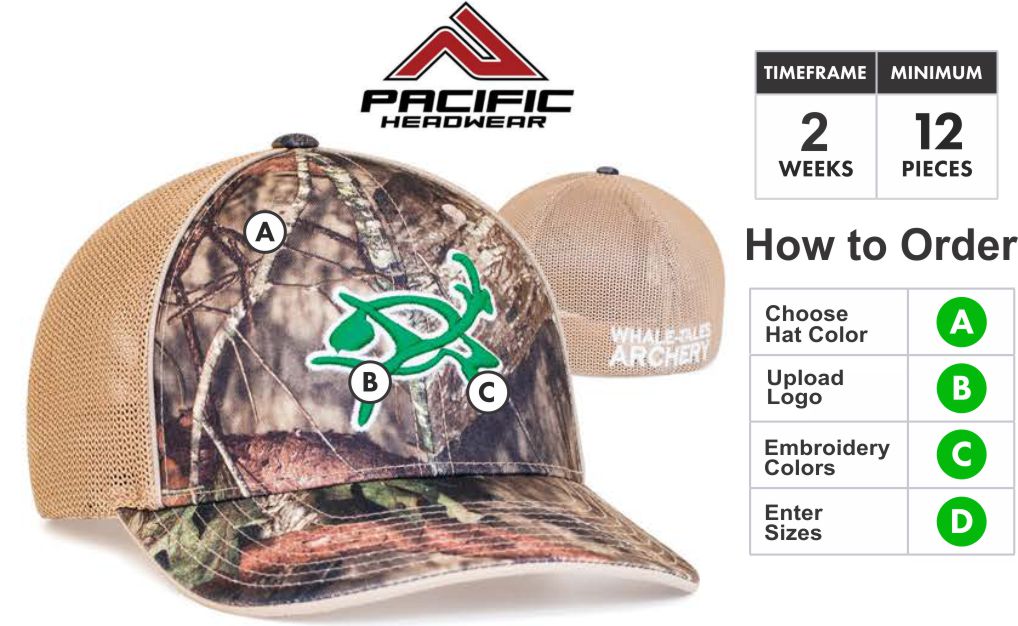 694M Camo Trucker  Embroidery Special  694M Description  Profile/Material: Mossy Oak® Break-Up Country™ camo front panels | Trucker mesh back  PACIFIC HEADWEAR 8D8. GRAHAM SPORTING GOODS BUILD A CAP.  Crown:Structured Pro-Model | Half piping | Front eyelets only | Universal fit  Visor: U-Shape Visor technology | Contrast transitional undervisor .  Universal Fit Sizing: Universal fit is created with a woven spandex sweatband that stretches to fit a range of sizes. Universal caps mold to the shape of your head providing the most comfortable cap available.  Buy 8d8 by Pacific Headwear Closure  Size:: Sm-Med (6-7/8 - 73/8) Lg-XL (7-3/8 - 8)  PACIFIC HEAD-WEAR SIZE CHART FOR CUSTOM HATS  Available Colors: Break-Up Country/Black - Break-Up Country/Chocolate Chip - Break- Up Country/Khaki - Break-up Country/White - Break- Up Country/Orange  694M Features  U-Shape Visor: Whether flat or curved our 'U-Shape' visor allows you to shape it how you want it.  Break-Up Country :The Break-Up Country™ pattern by Mossy Oak® features larger enhanced natural elements made to fuse you with the terrain you are in at any distance, anywhere across the country.  3D Embroidery Defined:   Pacific takes great pride in selecting the very best embroidery style to make your caps look great. Pacific has perfected multiple embroidery techniques to achieve this and present you with our definitions here.  Note: All Orders will be TRADITIONAL unless told otherwise or logo is unable to be done in 3D. If that is the case we will get in touch with you to discuss your options.  Flat Embroidery is where the entire logo is flat.. Not all designs are created equal. Because of this, We take great pride in selecting the very best embroidery style to make your caps look great. We have perfected multiple embroidery techniques to achieve tis and present you with our definitions here.Traditional 3D Embroidery is where the bold areas of the logo are 3D.3D Outline Embroidery is only the outline is 3DPatch Style 3D Embroidery is the entire logo is filled and 3D. Combo 3D and Flat Embroidery where the logo is Traditional 3D and Patch Style Combo  Thread Colors:  Embroidery Colors for Pacific Headwear Embroidery  Adding Back or Side Embroidery: If you want to add side or back embroidery click here for cap builder. Build your cap and email your cap builder number to SALES@GrahamSG.com for price and to order.  Orders 72+ contact us for pricing or email SALES@GrahamSG.com  PACIFIC HEADWEAR CAP BUILDER. GRAHAM SPORTING GOODS BUILD A CAP.   What Happens after I Buy?   -After placing your order the first thing we do is review your logo. We make sure there will not be any problems converting your logo to a digitized format for embroidery. If there are issues we will email you within 48 hours to work with you on getting it embroidery ready.  -Once the order is processed the next step will be approval of your Hat Proof. Approvals will be emailed 5-7 days after order is placed.  -After approval Pacific Headwear will begin to digitize your logo and build your caps.  -Tracking number will be emailed when hats ship.  BUY FROM GRAHAM SPORTING GOODS. HUGE SELECTION OF SPORTING GOODS AND OFFER TEAM DISCOUNTS. GRAHAM SPORTING GOODS. YOUR TEAM LEADER.  Graham Sporting Goods. Family Owned and operated since 1976. Why Should I Buy From Graham Sporting Goods? We are new to servicing you online but we have been outfitting players, teams and businesses for over 30 years. We understand you might have some hesitation buying from a new website. Let me help put you at ease. This is what happens after you start checking out. Your credit card information is securely processed by PayPal. (you do not need a PayPal account) We choose to use PayPal as our processor so your information stays secure at all times. We never have access to your credit card information, it is processed by PayPal and then the funds are transferred to us. This is all done without leaving our website. The only personal information we receive is the Billing & Shipping Address, Phone Number and Email Address. This information is ONLY used to fulfill your order or contact you about your order. We might be online but we are not automated. Once your order is placed it is then reviewed and fulfilled by Alex. Alex who designed this website is the 3rd generation to help with the family business. We take pride and care in every order that is placed with us. We want to bring that small town sporting goods experience online to you. If you have any questions call or email any of the Harrison's. Dean, Susan, Alex or Bradley. 336-852-2335. (Mon-Fri 9:00am -6:00pm EST, Sat 9:00am-5:00pm EST) Best way to reach Alex is email. ALEX@GrahamSG.com.    About Graham Sporting Goods          We are new to servicing you online but we have been outfitting players, teams and businesses for over 30 years. We understand you might have some hesitation buying from a new website.  Let me help put you at ease.            This is what happens after you start checking out. Your credit card information is securely processed by PayPal. (you do not need a PayPal account) We choose to use PayPal as our processor so your information stays secure at all times. We never have access to your credit card information, it is processed by PayPal and then the funds are transferred to us. This is all done without leaving our website. The only personal information we receive is the Billing & Shipping Address, Phone Number and Email Address. This information is ONLY used to fulfill your order or contact you about your order.            We might be online but we are not automated. Once your order is placed it is then reviewed and fulfilled by Alex. Alex who designed this website is the 3rd generation to help with the family business. We take pride and care in every order that is placed with us. We want to bring that small town sporting goods experience online to you. If you have any questions call or email any of the Harrison's. Dean, Susan, Alex or Bradley. 336-852-2335. (Mon-Fri 9:00am -6:00pm EST, Sat 9:00am-5:00pm EST) Best way to reach Alex is email. ALEX@GrahamSG.com.