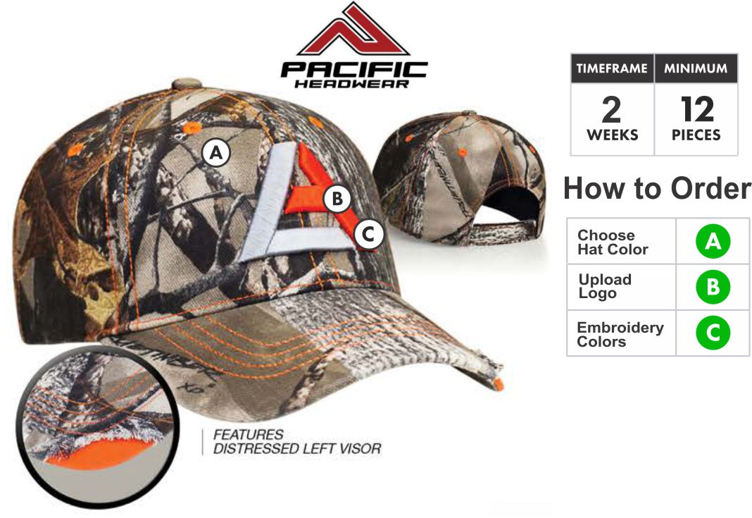 696C Distressed Camo  Embroidery Special  696C Hat - Custom 3D Embroidery Front - One Price - Free Shipping  Buy TRUE TIMBER CAMO HAT by Pacific HeadwearTrueTimber™: Pacific Headwear and True Timber™ Camo have partnered to bring you an elite series of camouflage caps. True Timber™ has created some of the best patterns on the market. Great for the serious hunter or corporate promotion. These patterns are quickly becoming the most popular available today.  Profile/Material: Distressed Camo with low 'All Sport' profile, with True Timber™ patterns  Crown: Pro stitched with light buckram, busted flat seams   Visor: Curved PE visor, self material undervisor   Sweatband:Self material (3-part comfort fit).   Closure:Self material velcro backstrap  Size:Adult. One size fits most.  PACIFIC HEADWEAR SIZE CHART FOR CUSTOM HATS  Available Colors: XD3/Black - XD3/Dark Green - XD3/Orange - XD3/Lime - XD3/Brown - XD3/White - XD3/Pink - XD3/Yellow - Snow/Orange - Snow/Lime - Snow/Pink - Snow/Yellow - Military Green/Orange - Military Green/Lime - Military Green/Pink - Military Green/Yellow  3D Embroidery Defined:   Pacific takes great pride in selecting the very best embroidery style to make your caps look great. Pacific has perfected multiple embroidery techniques to achieve this and present you with our definitions here.  Note: All Orders will be TRADITIONAL unless told otherwise or logo is unable to be done in 3D. If that is the case we will get in touch with you to discuss your options.  Flat Embroidery is where the entire logo is flat.. Not all designs are created equal. Because of this, We take great pride in selecting the very best embroidery style to make your caps look great. We have perfected multiple embroidery techniques to achieve tis and present you with our definitions here.Traditional 3D Embroidery is where the bold areas of the logo are 3D.3D Outline Embroidery is only the outline is 3DPatch Style 3D Embroidery is the entire logo is filled and 3D. Combo 3D and Flat Embroidery where the logo is Traditional 3D and Patch Style Combo  Thread Colors:  Embroidery Colors for Pacific Headwear Embroidery  Adding Back or Side Embroidery: If you want to add side or back embroidery click here for cap builder. Build your cap and email your cap builder number to SALES@GrahamSG.com for price and to order.  Orders 72+ contact us for pricing or email SALES@GrahamSG.com  PACIFIC HEADWEAR CAP BUILDER. GRAHAM SPORTING GOODS BUILD A CAP.   What Happens after I Buy?   -After placing your order the first thing we do is review your logo. We make sure there will not be any problems converting your logo to a digitized format for embroidery. If there are issues we will email you within 48 hours to work with you on getting it embroidery ready.  -Once the order is processed the next step will be approval of your Hat Proof. Approvals will be emailed 5-7 days after order is placed.  -After approval Pacific Headwear will begin to digitize your logo and build your caps.  -Tracking number will be emailed when hats ship.  BUY FROM GRAHAM SPORTING GOODS. HUGE SELECTION OF SPORTING GOODS AND OFFER TEAM DISCOUNTS. GRAHAM SPORTING GOODS. YOUR TEAM LEADER.  Graham Sporting Goods. Family Owned and operated since 1976. Why Should I Buy From Graham Sporting Goods? We are new to servicing you online but we have been outfitting players, teams and businesses for over 30 years. We understand you might have some hesitation buying from a new website. Let me help put you at ease. This is what happens after you start checking out. Your credit card information is securely processed by PayPal. (you do not need a PayPal account) We choose to use PayPal as our processor so your information stays secure at all times. We never have access to your credit card information, it is processed by PayPal and then the funds are transferred to us. This is all done without leaving our website. The only personal information we receive is the Billing & Shipping Address, Phone Number and Email Address. This information is ONLY used to fulfill your order or contact you about your order. We might be online but we are not automated. Once your order is placed it is then reviewed and fulfilled by Alex. Alex who designed this website is the 3rd generation to help with the family business. We take pride and care in every order that is placed with us. We want to bring that small town sporting goods experience online to you. If you have any questions call or email any of the Harrison's. Dean, Susan, Alex or Bradley. 336-852-2335. (Mon-Fri 9:00am -6:00pm EST, Sat 9:00am-5:00pm EST) Best way to reach Alex is email. ALEX@GrahamSG.com.    About Graham Sporting Goods          We are new to servicing you online but we have been outfitting players, teams and businesses for over 30 years. We understand you might have some hesitation buying from a new website.  Let me help put you at ease.            This is what happens after you start checking out. Your credit card information is securely processed by PayPal. (you do not need a PayPal account) We choose to use PayPal as our processor so your information stays secure at all times. We never have access to your credit card information, it is processed by PayPal and then the funds are transferred to us. This is all done without leaving our website. The only personal information we receive is the Billing & Shipping Address, Phone Number and Email Address. This information is ONLY used to fulfill your order or contact you about your order.            We might be online but we are not automated. Once your order is placed it is then reviewed and fulfilled by Alex. Alex who designed this website is the 3rd generation to help with the family business. We take pride and care in every order that is placed with us. We want to bring that small town sporting goods experience online to you. If you have any questions call or email any of the Harrison's. Dean, Susan, Alex or Bradley. 336-852-2335. (Mon-Fri 9:00am -6:00pm EST, Sat 9:00am-5:00pm EST) Best way to reach Alex is email. ALEX@GrahamSG.com.