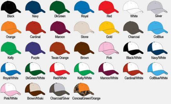 Available Colors: Black - Navy - Dark Green - Royal - Red - White - Silver - Orange - Cardinal - Maroon - Stone - Gold - Charcoal - Columbia Blue - Kelly - Purple - Texas Orange - Brown - Pink - Black/White - Navy/White - Royal/White - Dark Green/White - Red/White - Kelly/White - Maroon/White - Cardinal/White - Columbia Blue/White - Pink/White - Brown/Khaki - Charcoal/Silver - Conceal Green/Orange