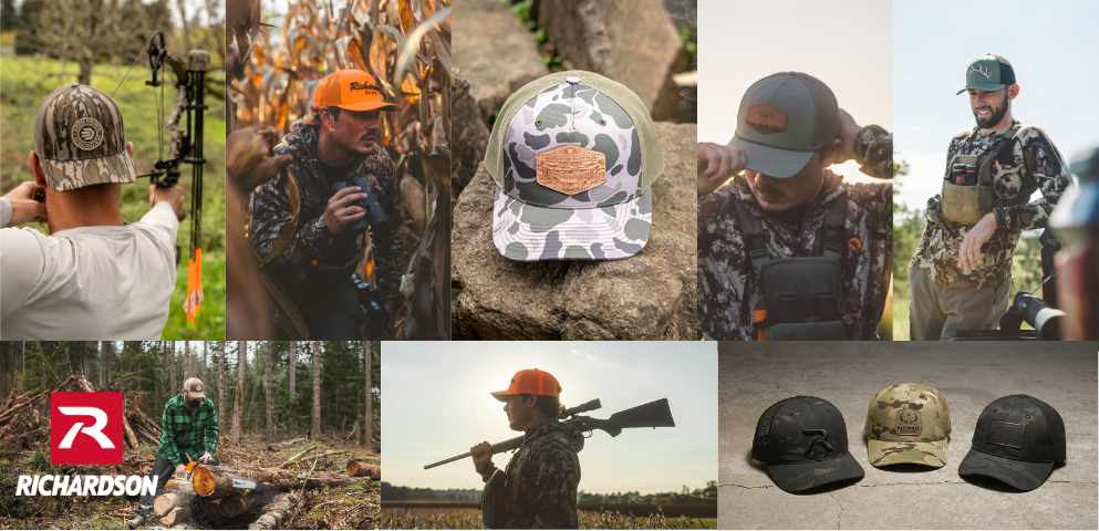 Camo and outdoor-ready Richardson caps displayed in hunting and rugged outdoor settings, showcasing multiple camo patterns and lifestyle use.