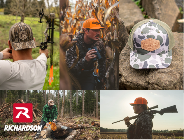 Camo and outdoor-ready Richardson caps displayed in hunting and rugged outdoor settings, showcasing multiple camo patterns and lifestyle use.