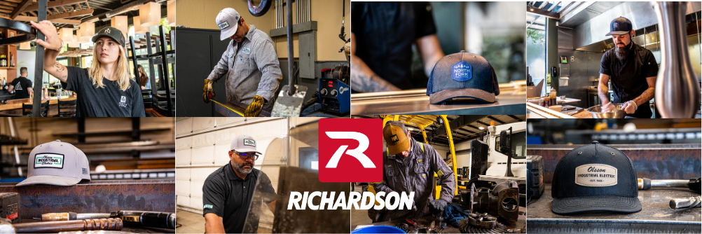 Richardson workwear hats shown in real shop, garage, and industrial environments, highlighting rugged durability and everyday performance.
