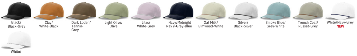 Richardson 355 Laser Perf Performance Rope Cap color options including Black, Clay, Dark Loden, Light Olive, Lilac, Navy, Oat Milk, Silver, Smoke Blue, Trenchcoat, and White
