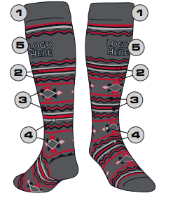 SANTA FE STYLE LENGTH CONSTRUCTION LSTFEO OVER-CALF HEEL&TOE DESIGN STEPS 1. choose body color 2. choose pattern color 1 (red in drawing) 3. choose pattern color 2 (black in drawing) 4. choose pattern color 3 (grey in drawing) 5. provide logo or text (front, sides, or back) 6. choose size (S, M, L, XL) CONTENTS •77% polypropylene •17% nylon •3% elastic •3% lycra® spandex.
