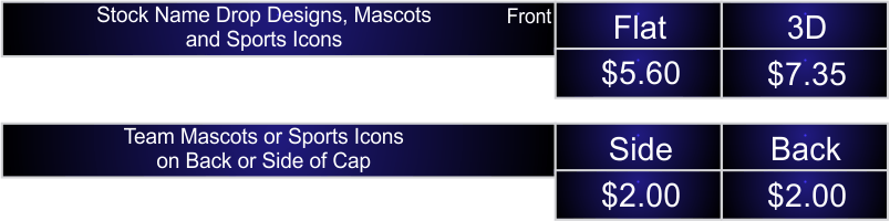 STOCK EMBROIDERY DETAILS: Stock NameDrop Designs, Mascots and Sports Icon Pricing  - Stock Name Drop Designs, Mascots and Sports Icons- $5.60   - add 3D Embroidery - + $1.75  - Team Mascots or Sports Icons on back or side of cap- +$2.00