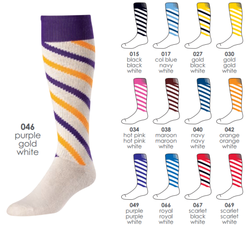 BUY CANDY STRIPE SPORT SOCKS BY TCK. Product Description  Heel/toe soccer sock in your favorite flavor.   Design Features: Heel/Toe Construction Double Welt Top Half-Cushioned Foot Smooth Toe Seam Available Colors: Black/Black/White Col Blue/Col Blue/White Col Blue/Navy/White Dk Green/Dk Green/White Fuchsia/Black/White Fuchsia/Fuchsia/White Gold/Black/White Gold/Gold/White Hot Pink/Black/White Hot Pink/Hot Pink/White Lime/Lime/White Maroon/Maroon/White Navy/Navy/White Orange/Black/White Orange/Orange/White Pink/Black/White Pink/Pink/White Purple/Gold/White Purple/Purple/White Royal/Black/White Royal/Gold/White Vegas Gold Royal/Royal/White Scarlet/Black/White Scarlet/Scarlet/White Available Sizes: X-Small (Youth: 8-12) Small (Men: 3-6 / Women: 4-7) Medium (Men: 6-9 / Women: 7-10) Large (Men: 9-12 / Women: 10-13) Popular Uses: Soccer Softball/Fastpitch Volleyball Contents: 43% Cotton 36% Acrylic 11% Nylon 10% Elastic Care Instructions: Twin City products are best preserved when machine washed and dried on low heat. NO BLEACH Launder inside out to prevent pilling and fuzzing.