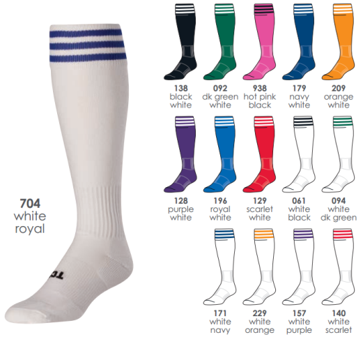 BUY Finalé TRIO SOCCER SOCKS BY TCK. Product Description  Features: Moisture Control Odor Control Antimicrobial Blister Control Arch/Ankle Compression Double Welt Top Heel/Toe Design Available Colors (Body/Stripes): Black/White Dk.Green/White Hot Pink/Black Navy/White Orange/White Purple/White Royal/White Scarlet/White White/Black White/Dk.Green White/Navy White/Orange White/Purple White/Royal White/Scarlet Sizes: Medium (Men: 6-9 / Women: 7-10) Large (Men: 9-12 / Women: 10-13) Ideal Uses: Soccer Contents: 75% Polyproylene 13% Nylon 9% Elastic 3% Lycra® Spandex Custom Options: Sizing: YES Color: YES Logo: YES (front only) Care Instructions: Twin City products are best preserved when machine washed and dried on low heat. NO BLEACH Launder inside out to prevent pilling and fuzzing.