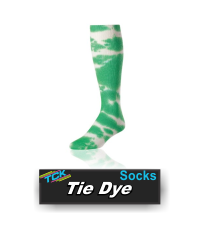 BUY TIE DYE SOCKS BY TCK. (TDY11, TDM11, TDK11) Vintage tie dye meets the comfort of ring-spun cotton in one groovy multisport tube. Custom color patterns available with up to four colors as special order only.  IMAGE FILES   Tie Dye - Fuchsia/White  Double click on above image to view full picture Zoom Out Zoom In MORE VIEWS  Tie Dye - Black/WhiteTie Dye - Columbia Blue/WhiteTie Dye - Dark Green/WhiteTie Dye - Fuchsia/WhiteTie Dye - Gold/WhiteTie Dye - Kelly/WhiteTie Dye - Lime/WhiteTie Dye - Maroon/WhiteTie Dye - Navy/WhiteTie Dye - Orange/WhiteTie Dye - Pink/WhiteTie Dye - Purple/WhiteTie Dye - Royal/WhiteTie Dye - Scarlet/WhiteTie Dye - Teal/White Product Description  Vintage tie dye meets the comfort of ring-spun cotton in one groovy multisport tube.   Design Features: Tube construction Smooth toe seam adds comfort Custom color patterns with up to 4 colors available as special order only Available Colors: Black/White Col Blue/White Dk. Green/White Fuchsia/White Gold/White Kelly/White Lime/White Maroon/White Navy/White Orange/White Pink/White Purple/White Royal/White Scarlet/White Teal/White Available Sizes: Small (Men: 3-6 / Women: 4-7) Medium (Men: 6-9 / Women: 7-10) Large (Men: 9-12 / Women: 10-13) Popular Uses: Soccer Softball/Fastpitch Volleyball Contents: 84% Cotton 8% Nylon 8% Elastic Care Instructions: Twin City products are best preserved when machine washed and dried on low heat. NO BLEACH Launder inside out to prevent pilling and fuzzing.