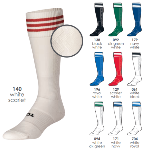 BUY PREMIER TRIO SOCCER SOCKS BY TCK. The Premier Trio is our lightweight heel/toe soccer sock with a three-stripe pattern TCK proDRI and embedded antimicrobials to control odor and bacteria. A stylish turn-down top suits the game compression zones ensure proper fit and a mesh-patterned back provides maximum ventilation.   Technologies: 			 Design Features: TCK proDRI insulates and manages moisture Infused Alphasan® antimicrobials control bacteria and odor Turn-down top Heel/Toe construction Mesh-patterned back provides maximum ventilation Compression zones in arch and ankle provide snug support Smooth toe seam adds comfort Available Colors (Body/Stripes) Black/White Dk. Green/White Gold/White Navy/White Orange/White Royal/White Scarlet/White White/Black White/Dk. Green White/Navy White/Royal White/Scarlet Available Sizes Medium (Men: 6-9 / Women: 7-10) Large (Men: 9-12 / Women: 10-13) Popular Uses: Soccer Sock Contents: 75% Polyproylene 13% Nylon 9% Elastic 3% Lycra® Spandex Care Instructions: Twin City products are best preserved when machine washed and dried on low heat. NO BLEACH Launder inside out to prevent pilling and fuzzing.