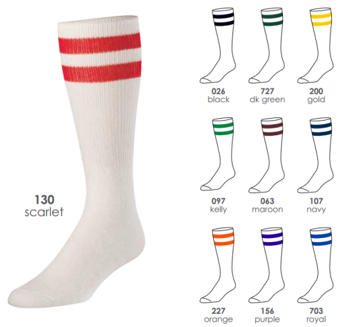 BUY TCW3 TUBE SOCKS BY TCK. Product Description  The TCW3 features classic cotton comfort in a white athletic tube with a matching 2-stripe pattern. Available in 6-pack only. 3-stripe contrasting pattern available as special order only.   Design Features: Tube Construction Smooth toe seam adds comfort Contrasting 3-stripe pattern available as special order only Available Colors (Stripes): Black Dark Green Gold Kelly Maroon Navy Orange Purple Royal Scarlet Available Sizes: Medium (20") Popular Uses: Basketball Cheerleading Football Golf LaCrosse Running/Training Skateboarding Tennis Track and Field Volleyball Sock Contents: 73% Ring-Spun Cotton 10% Acrylic 11% Nylon 6% Elastic Care Instructions: Twin City products are best preserved when machine washed and dried on low heat. NO BLEACH Launder inside out to prevent pilling and fuzzing.