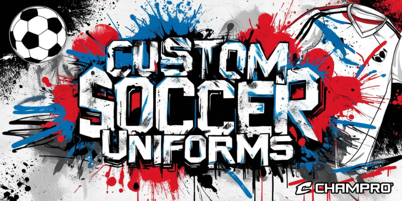 Abstract design featuring vibrant flowing lines, geometric shapes, and gradients in red, blue, white, and black, with a stylized soccer field in the background and bold text reading 'CUSTOM SOCCER UNIFORMS' in futuristic typography.
