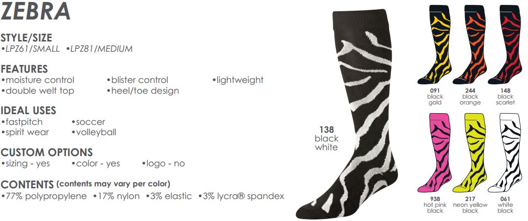 Zebra Socks by TCK | Style Number: LPZ61 small LPZ81 medium