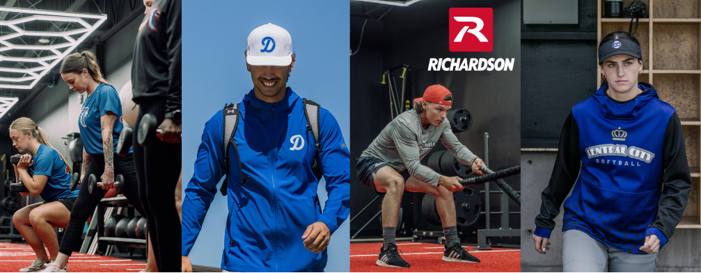 Richardson performance apparel including training shirts, hoodies, and team outerwear shown in action by baseball and softball athletes